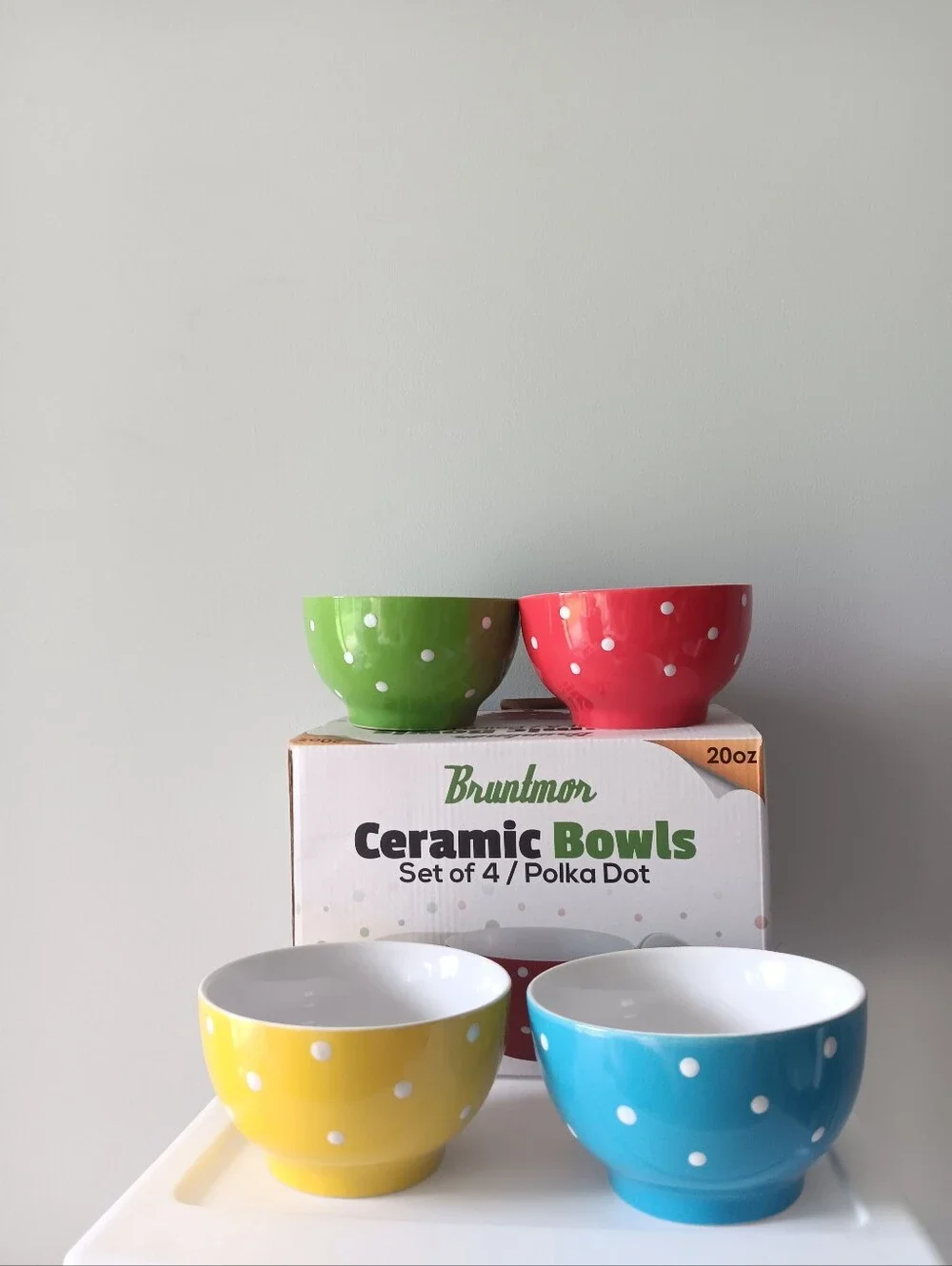 Bruntmor Ceramic Bowls Set Of 4 Polka Dots 20 Oz Red Blue Green Yellow White